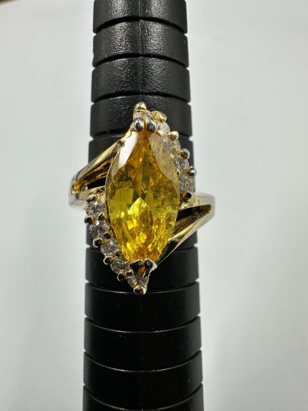 Yellow Marquis Stone Ring Size 5.75 Gold Tone Clear Accent Statement Fashion